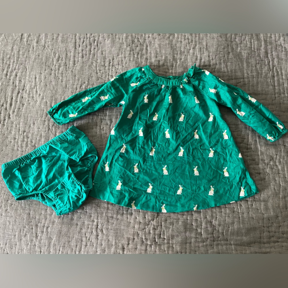 Vintage Baby Gap Infant Green Dress Jackalope Rabbits Bloomers 12-18m Holiday
